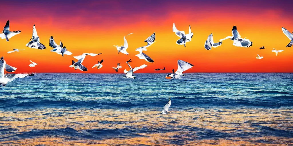 Image similar to seagulls flying over the ocean during the sunset, realistic