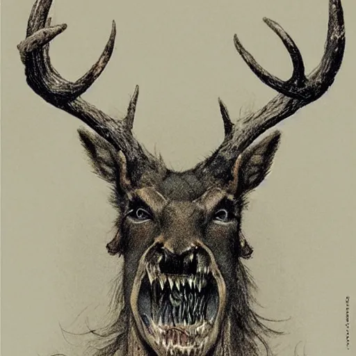 Prompt: close up front view of a grinning demonic mutant deer with long sharp teeth, symmetrical, illustration by jean - baptiste monge!!!