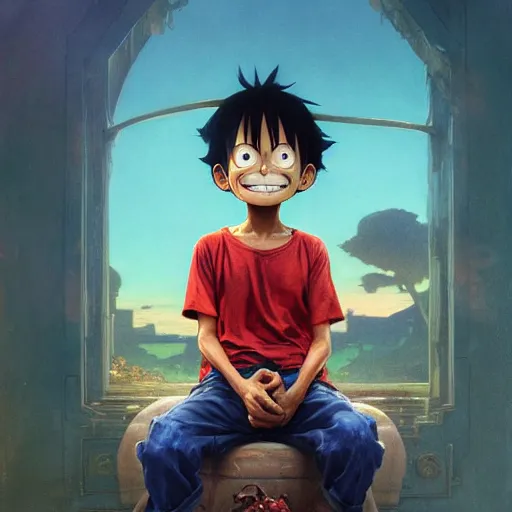 Prompt: highly detailed vfx portrait of monkey d. luffy, stephen bliss, greg rutkowski, loish, rhads, beeple, makoto shinkai, tom bagshaw, alphonse mucha, global illumination, sharp focus, art by artgerm and greg rutkowski, stanley kubrick, best of behance, cinematic lighting, frowning,