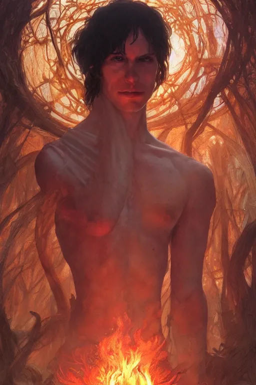 Image similar to portrait of dante in hell, forest, godlike, full body, fantasy, intricate, elegant, highly detailed, digital painting, artstation, concept art, sharp focus, illustration, art by artgerm and greg rutkowski and alphonse mucha