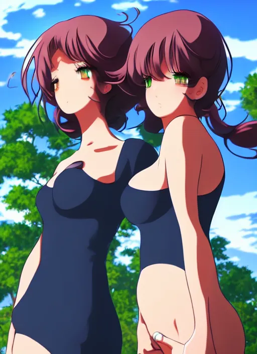 Image similar to two beautiful mothers outside on a hot summer evening, gorgeous faces, thick lines, cinematic lighting, detailed anime art