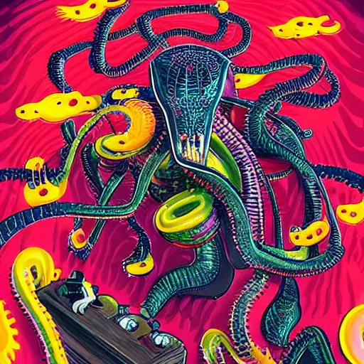 Image similar to the rhythmic rattling of a mechanical reptile, his Shadow is a wraith who feasts on sweets. a paradoxically sweet-scented colorful concotion laid out to trap the beast with cyanide hidden in its sauce. the mess of pie stains the beast's nostrils as it devours in textural and subliminal hypnotic spirals, lashing its tongue through its serrated teeth with envy, envy for the past self who had not yet seen such a pastry and was sent, vectorized, flattened
