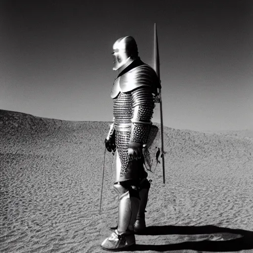 Image similar to a knight wearing silver plate armor, in the desert, arriflex 35, film still, cinematic composition
