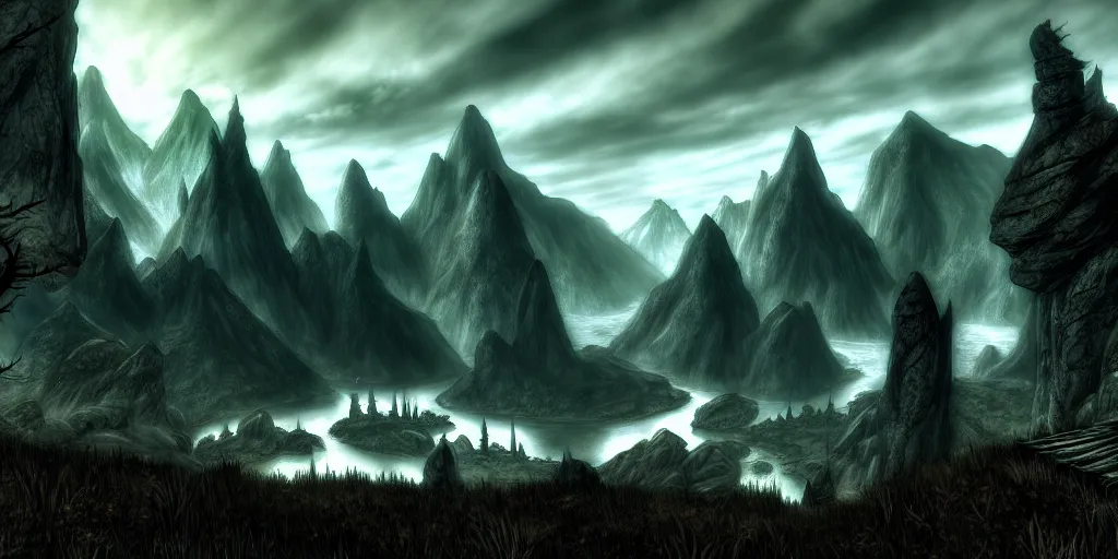 Prompt: a fantasy landscape of skyrim in the style of philipp urlich