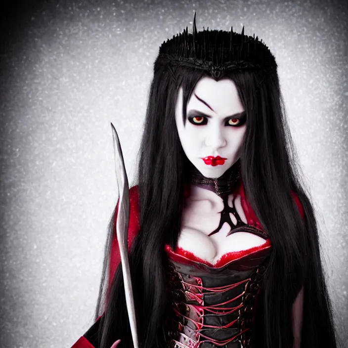 Image similar to long shot photograph of a real - life beautiful vampire queen warrior. extremely detailed. dslr. 5 0 mm.