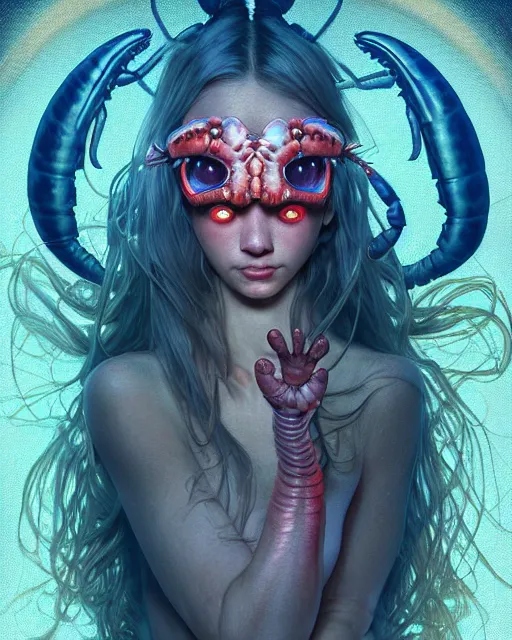 Image similar to portrait of a cute female lobster, bioluminescent, veins, horror, happy, highly detailed, digital painting, cinematic, hyperrealism, dark retrowave, art by stanley lau and artgerm and magali villeneuve and alphonse mucha, artstation, octane render, cgsociety