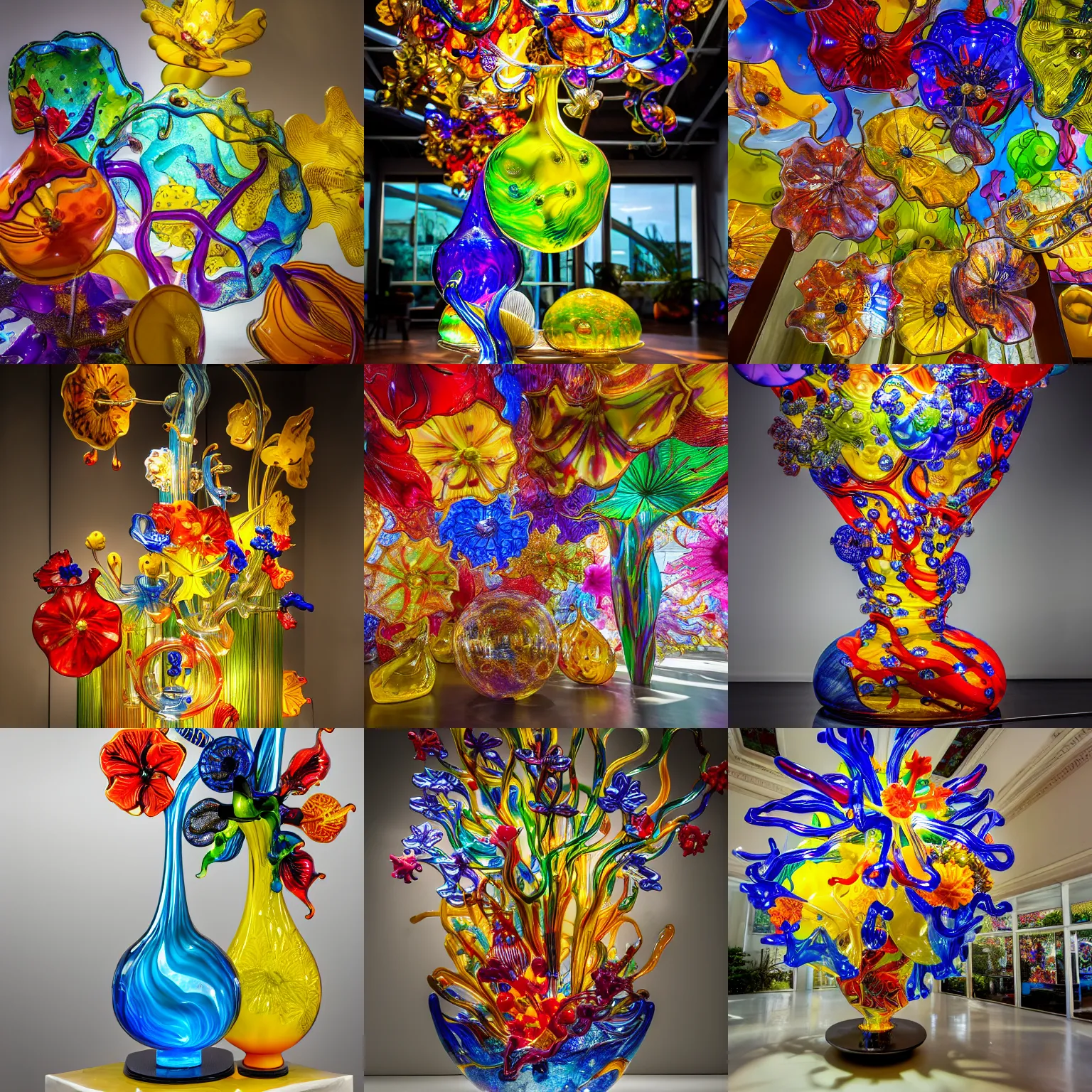 Prompt: abstract large scale glass sculpture made of intricate murano glass vases, ceramics featuring colorful hibiscus, daffodils, glass chandelier by dale chihuly, top lit, 4 k, trending in behance, wide angle shot, bokeh