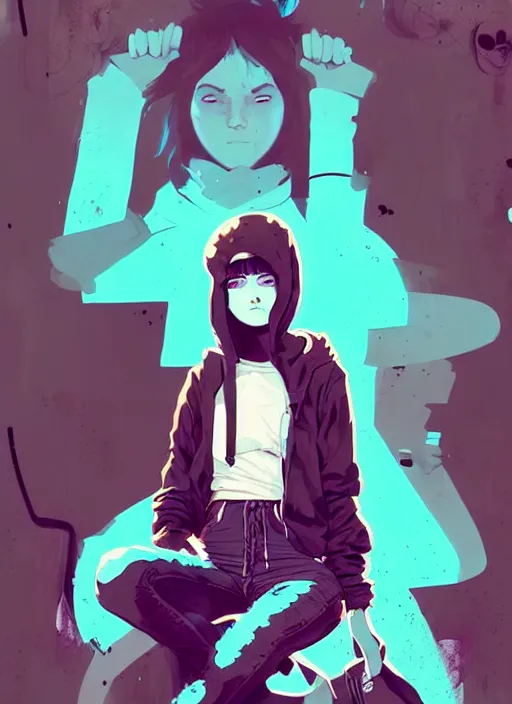 Prompt: highly detailed portrait of a city punk lady student, blue eyes, hoodie, white hair by atey ghailan, by greg rutkowski, by greg tocchini, by james gilleard, by joe fenton, by kaethe butcher, gradient cyan, black, brown and pink color scheme, grunge aesthetic!!! ( ( graffiti tag wall background ) )