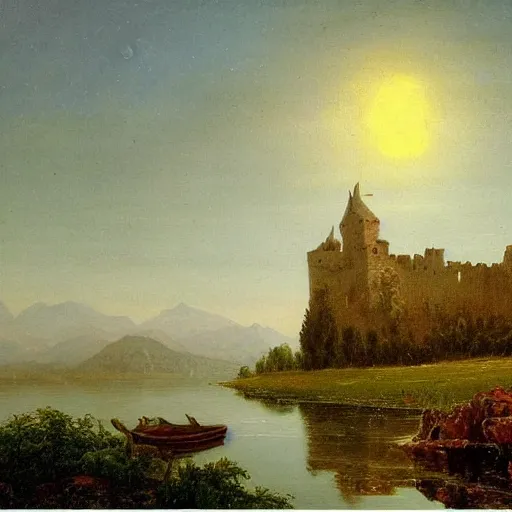 Image similar to an exceptional oil landscape painting of a medieval castle on a beautiful landscape with lake, forest, jagged mountains in the distance, the moon is ultra high resolution in the sky, high resolution albert bierstadt