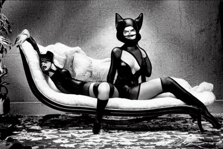 Image similar to publicity photograph of Mila Kunis as Catwoman on a chaise lounge|batman returns 1992