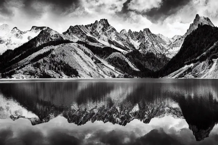 Prompt: a beautiful landscape photography of Mountains with a lake by Ansel Adams, black and white, dramatic