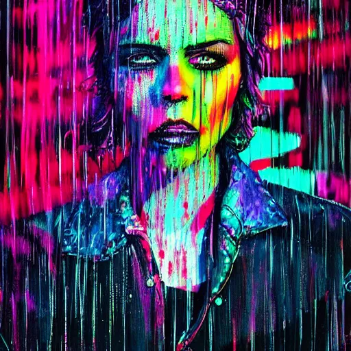 Image similar to splashes of neon, punk portrait made out of paint with rain in the background, trending on artstation, epic composition, emotional, beautiful, rendered in octane, highly detailed, realistic, tim burton comic book art, sharp focus, matte painting