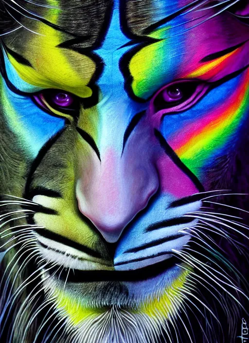 Prompt: photo of a gorgeous Beautiful face Portrait of Magic old shaman with a rainbow panther, face painting, thunders, shaman in the style of stefan kostic, wild, realistic, sharp focus, 8k high definition, insanely detailed, intricate, elegant, art by stanley lau and artgerm