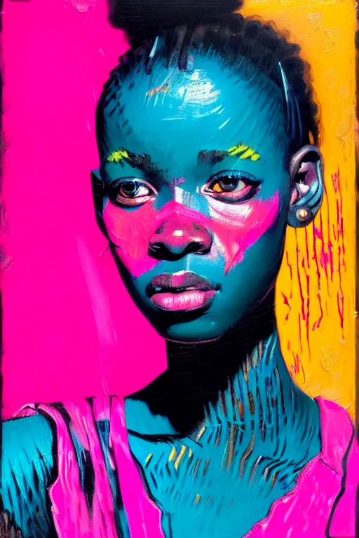 Image similar to portrait of a stylized african young lady, painted in acrylic, pigment textures, wet paint, in the colors hot pink and cyan, beautiful realistic face, rule of thirds, spotlight, by greg rutkowski, by jeremy mann, by francoise nielly, by van gogh, by ross tran, in focus