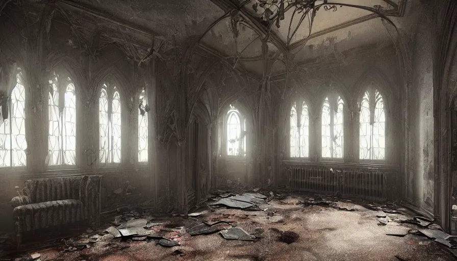 Image similar to interior of an abandoned neo - gothic manor's bed room with lot of cobwebs, dusty ground with dirt, light trough windows, collapsed ceiling, hyperdetailed, artstation, cgsociety, 8 k