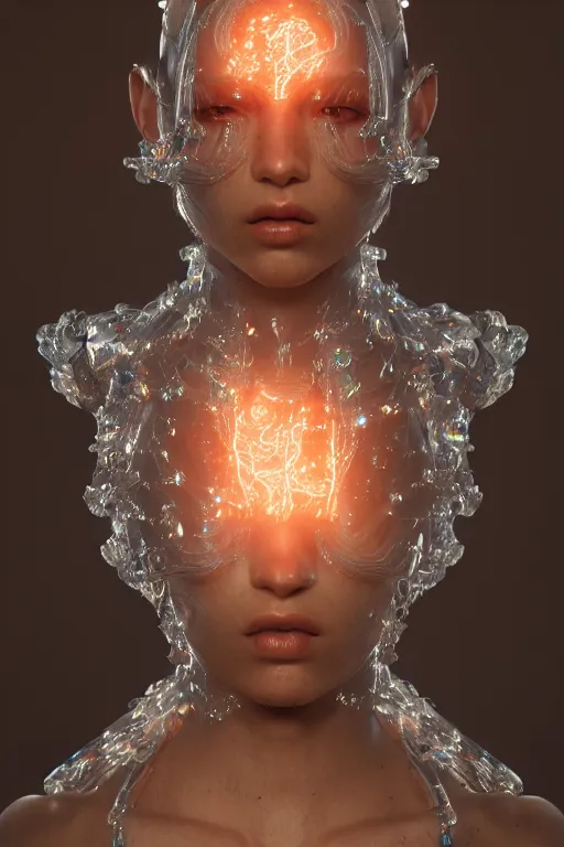 Image similar to skin concept, biopunk, in full growth, magical smoky translucent luminous sparkling crystals, many details, 3 d, cinematic, hyper realism, high detail, octane render