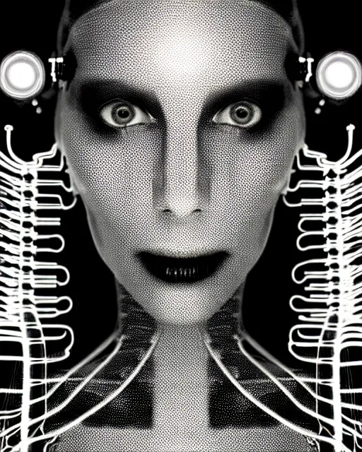 Image similar to black and white cyborg - plant goddess high quality photo, microchip, artificial intelligence, bio - mechanical bio - luminescence, black wired cables, neurons, nerve cells, cinematic, rim light, photo - realistic, high detail, 8 k, masterpiece, high fashion, in the style of steven meisel dora maar h. g. giger