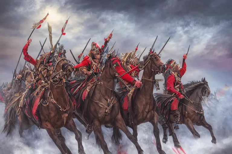 Image similar to Majestic powerfull red white Winged Hussars cavalry horde charging at ugly rainbow demons and trolls on ground, huge golden cross above them on the sky, white red eagle helping hussars, blood, snow, wide angle, professional kodak lenses, magic, fire, face painting, dramatic lighting, intricate, wild, highly detailed, digital painting, artstation, concept art, smooth, sharp focus, illustration, art by artgerm and greg rutkowski and alphonse mucha, footage from space camera