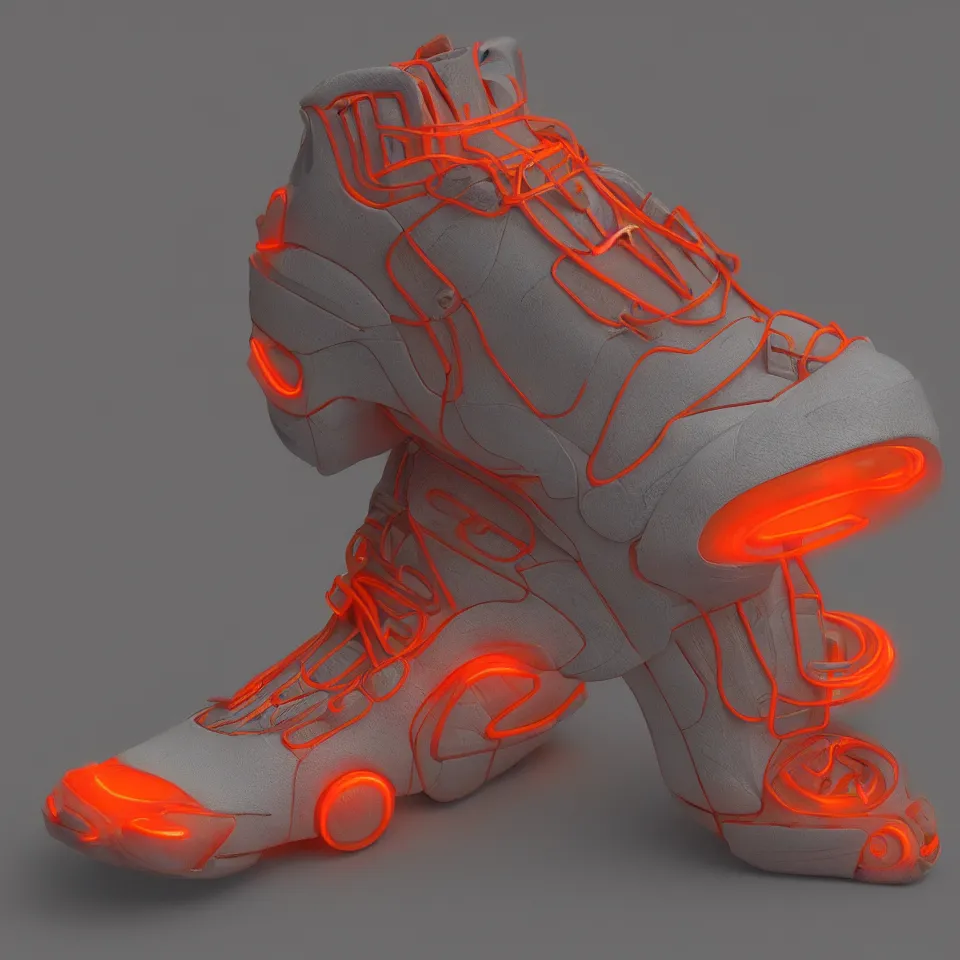 Prompt: realistic 8 k sculpture of 1 futuristic sneaker with neon illuminated rubber soles and soft orange laces on a grey surface, clean 3 d render, beautiful studio lighting, soft, sharp focus, cyberpunk, intricate detail, gold and red accents, soft rubber, octane render, trending on artstation, deviantart, art by syd mead