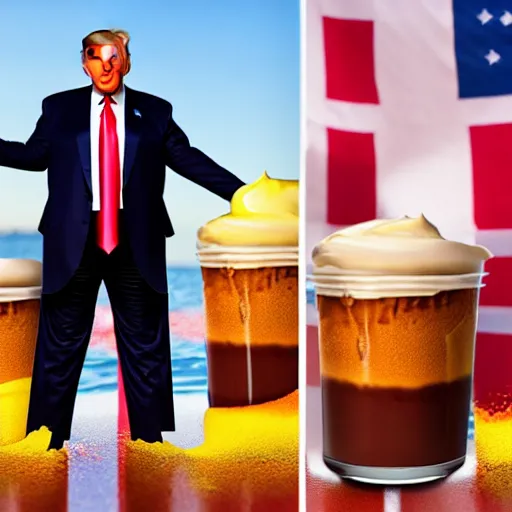 Prompt: donald trump slamming pudding onto citizens, citizens soaked with pudding, golden hour, boardwalk, professional photography