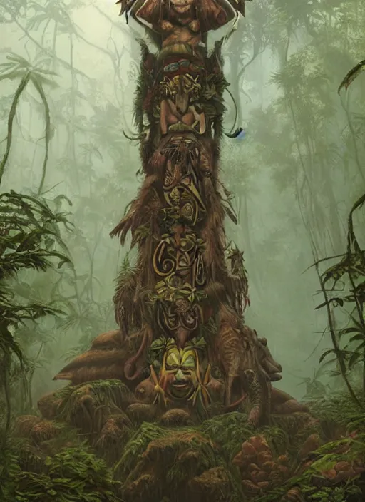 Image similar to a totem in the jungle surrounded by mist, representing amazonian shamanic traditions, tribal masks, symetrical totem, hyper detailed, art by christophe vacher