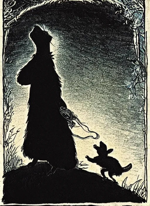 Prompt: silhouette howling at the moon, illustrated by peggy fortnum and beatrix potter and sir john tenniel