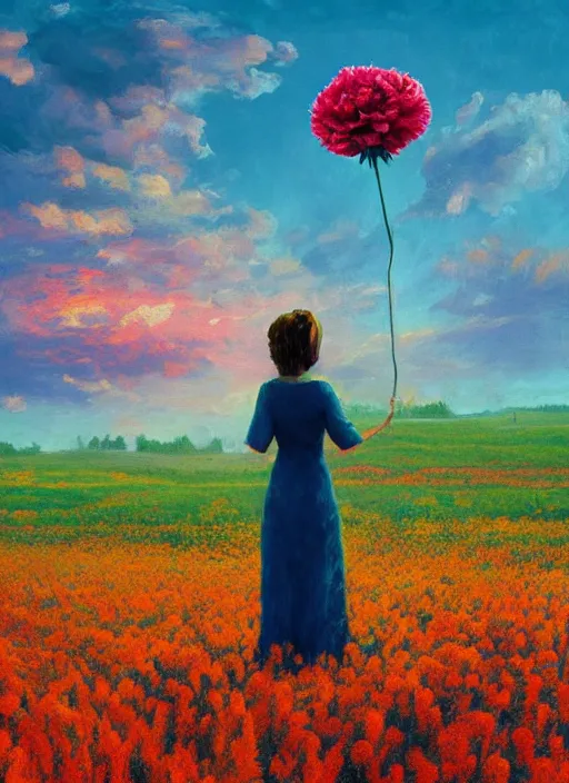 Image similar to woman with a giant carnation head, flower field, surreal photography, sunset dramatic light, impressionist painting, colorful clouds, blue sky, digital painting, artstation, simon stalenhag