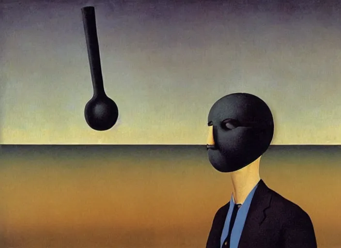 Image similar to infinite masks on a person, maddening forbidden knowledge, flying comb, strange machine by rene magritte and salvadore dali