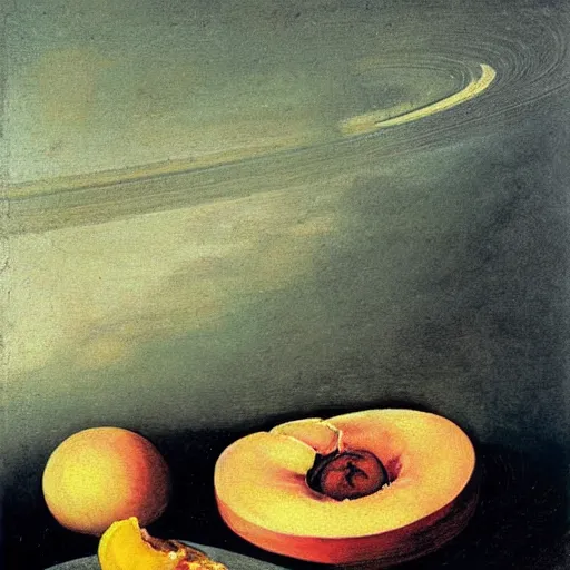 Image similar to saturn devouring a peach painting by francisco goya