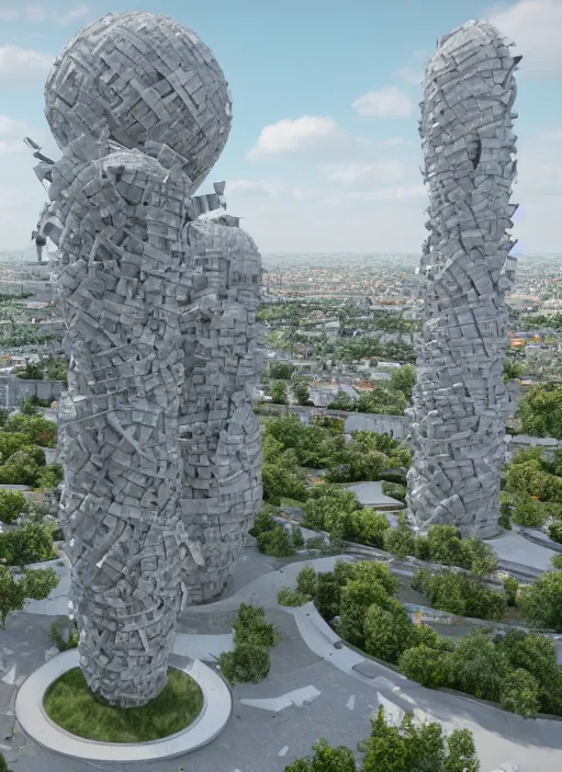 Image similar to highly detailed realistic architecture 3 d render of a futurisctic stele column monument made from spheres in frank gehry style standing near a highway, archdaily, made in unreal engine 4 octane render