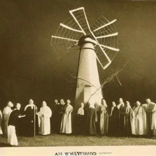 Image similar to an 1800s photo of a windmill. Cult worshippers in robes.