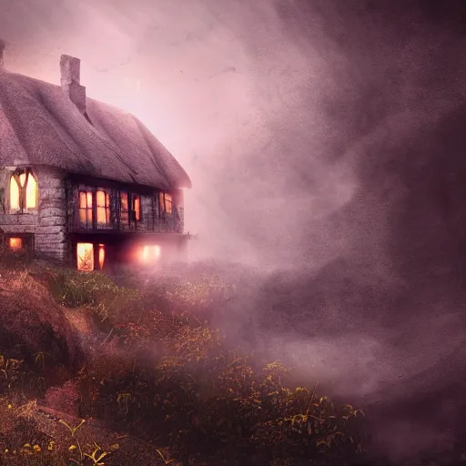 Prompt: cottage on a hillside in the depths of hell, dangerous hallways filled with bandits, violent, scary, intense, cinematic film, photography, digital painting, gorgeous, 4 k wallpaper