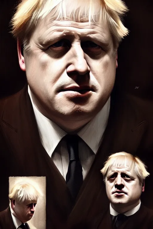 Image similar to Boris Johnson as Vito Corleone, realistic portrait, symmetrical, highly detailed, digital painting, artstation, concept art, smooth, sharp focus, illustration, cinematic lighting, art by artgerm and greg rutkowski and alphonse mucha