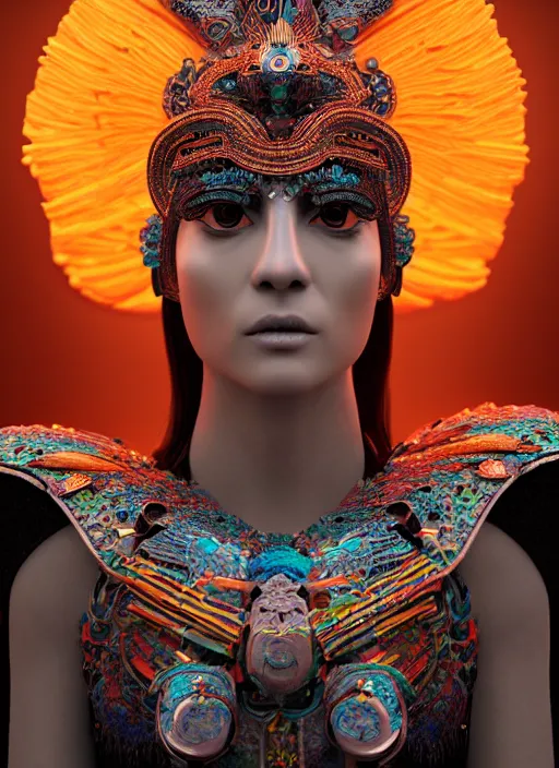 Image similar to 3 d goddess close - up profile portrait. beautiful intricate highly detailed mexican magpie helm and traditional mexican huipil! quetzalcoatl, stingray, bio luminescent, plasma, lava, ice, water, wind, stormy, creature, artwork by tooth wu and wlop and annie leibovitz, octane 3 d render