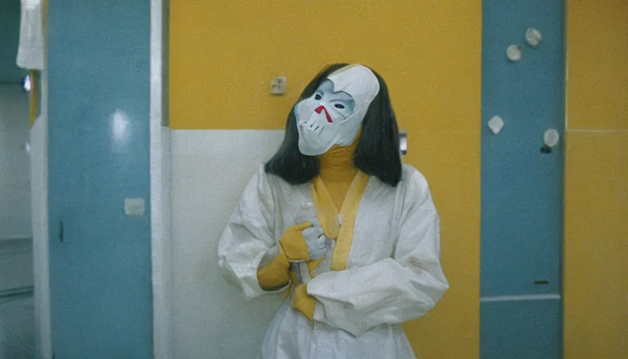 Image similar to 60s movie still of a white japanese female phantom mask in an empty soviet stalinist style hospital with yellow tiles floor with light blue beds, cinestill 800t 35mm technicolor, heavy grain, high quality, higly detailed, liminal space