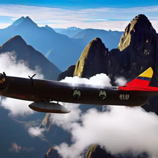 Image similar to an ancient Aztec strategic bomber flies low over Maccu Picchu, realistic digital photo, South American mountains, aircraft made of stone