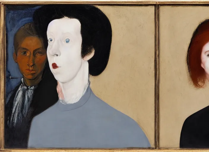 Image similar to portrait of two young violin players getting ready to perform looking, half figure front, francis bacon and pat steir and hilma af klint and james jean and vincent lefevre, psychological, photorealistic, symmetrical faces, intriguing eyes, rendered in octane, altermodern, masterpiece