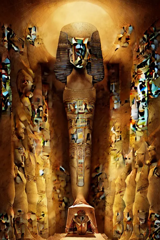 Image similar to pharao's tomb and egyptian gods | esoteric symbolism | jean - baptiste monge, esao andrews, bastien lecouffe - deharme, tim jacobus, ken currie | ultra - detailed realism, soft cinematic lighting, hi - fructose, artstation, high - quality, ink watercolors wes anderson poster art