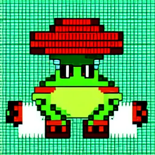 Prompt: cute frog with a mushroom hat, pixelart