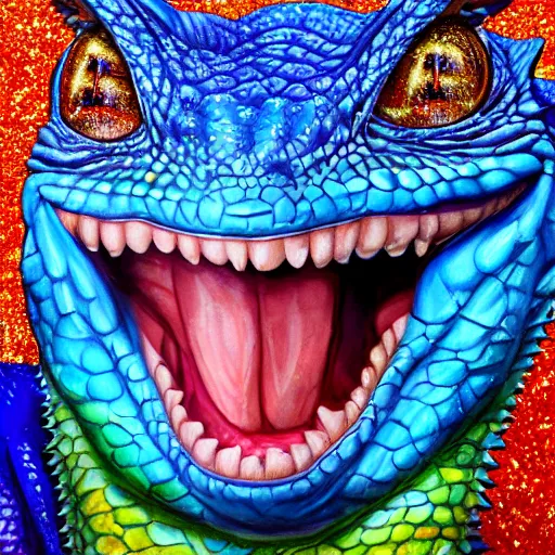 Image similar to president trump is a smiling laughing bright blue lizard person, airbrush painting, hyper detailed, 8 k, photorealism, rule of thirds, glitter.