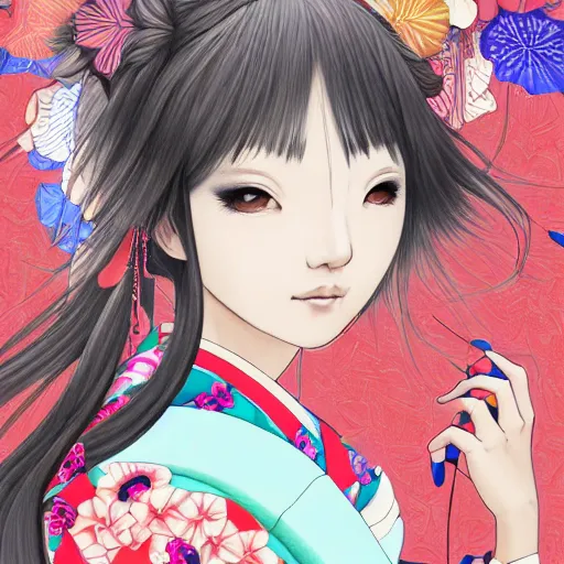Prompt: centered portrait of beautiful Japanese girl in kimono, hyperdetailed, digital painting, trending on Artstation, anime style coloring