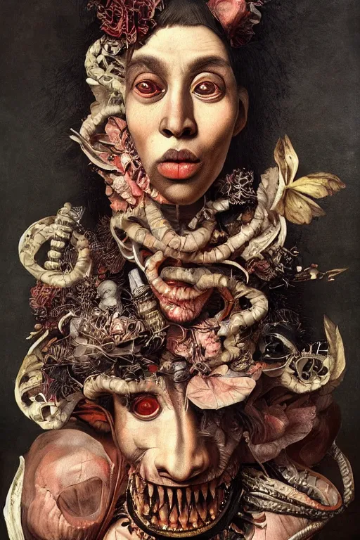 Image similar to Detailed maximalist portrait with dark skin, large mouth and with large white eyes, exasperated expression, HD mixed media, 3D collage, highly detailed and intricate, surreal illustration in the style of Caravaggio, dark art, baroque