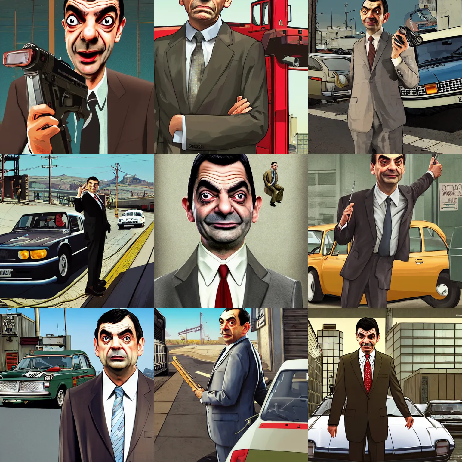 Prompt: mr. bean in gta v promotional art by stephen bliss, no text, very detailed, professional quality