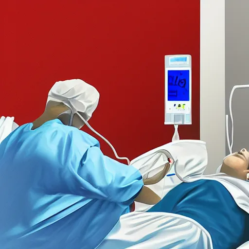 Prompt: IV station with patient in hospital bed getting blood transfusion, digital art