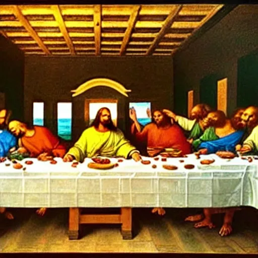 Prompt: Jesus eating KFC at the last supper, Leonardo da Vinci