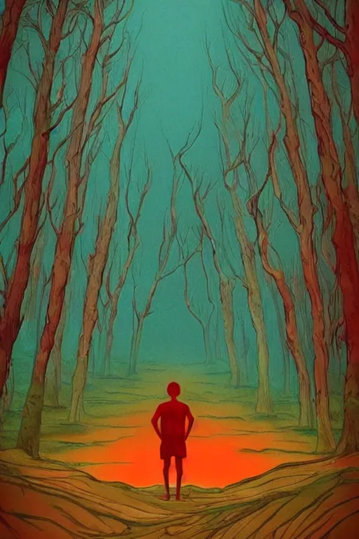 Image similar to semi real, and semi surreal. it's like a blend of a dream and a flawed memory. it's a forest under a red sun. a god sits under a tree, watching over a mystical body of water.