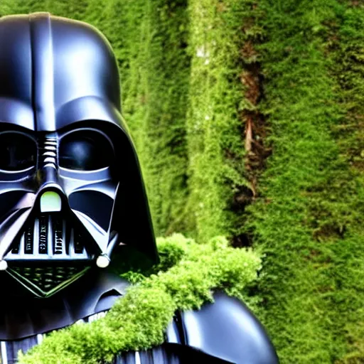 Image similar to Darth Vader covered in ivy and moss, in an overgrown garden