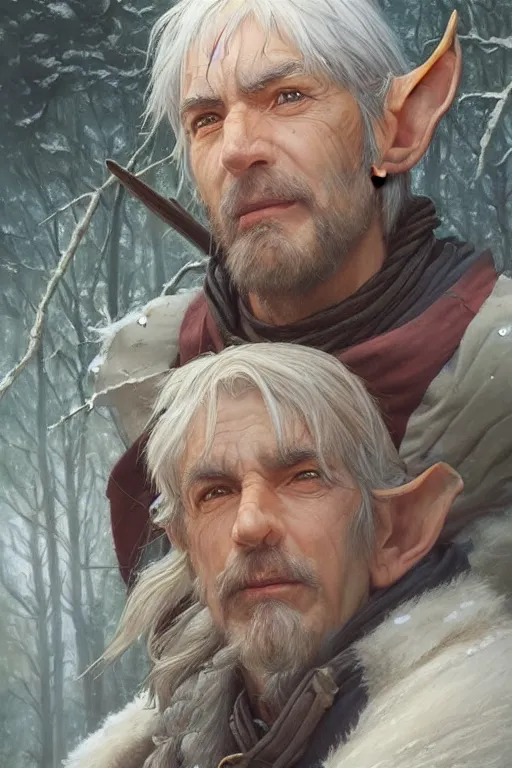 Prompt: beautiful oil painting with high detail of a male wood-elf ranger with yellowish skin, and grey hair from dungeons and dragons in the forest by artgerm and greg rutkowski and thomas kinkade