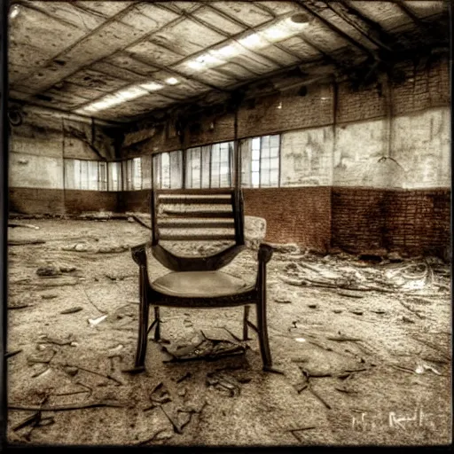 Prompt: nice detailed photos from abandoned warehouse, one old chair in middle, in the style of moneta sleet jr. and j. ross baughman