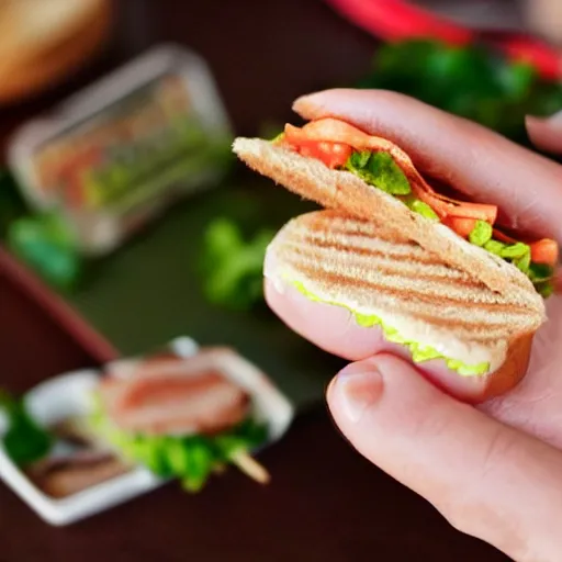 Prompt: hands presenting the tiniest sandwich ever made